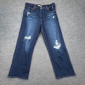 Levi's Ribcage Straight Ankle Jeans Womens 32 Dark Wash Distressed Button Fly